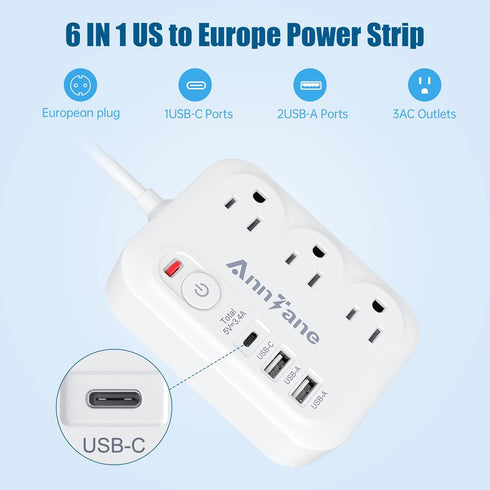European Travel Plug Adapter with 4FT Extension Cord, US to European International Plug Adapter for Travel