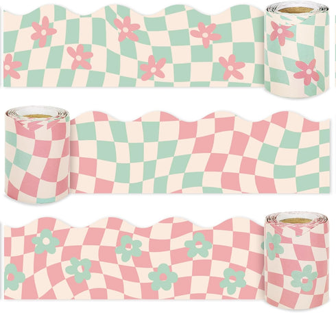 Whaline 98.4ft Retro Groovy Bulletin Board Borders, Pink Green Checkered Flower Die-Cut Trim for School Classroom