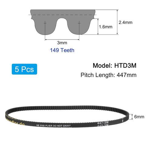 uxcell 5pcs HTD-3M Rubber Timing Belt 149 Teeth, 447mm Pitch Length x 6mm Width x 2.4mm Height, Closed Loop Pulley Timing Belt