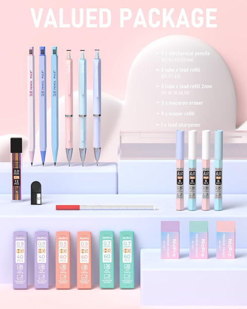Nicpro 22PCS Pastel Mechanical Pencils Set with Case, 0.5, 0.7, 0.9 mm, 2mm Lead Holders, 11 Tube Lead Refills & 3