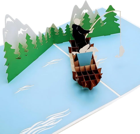 iGifts And Cards 3D Mountain Fishing Pop-Up Card – Canoe, Forest & Leaping Trout – Gift for Men, Fishermen, Nature