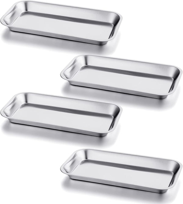 GETTON 4 Pack Small Surgical Tray, 201 Stainless Steel Seamless Trays for Lab Dental Tattoo Instruments Organizer