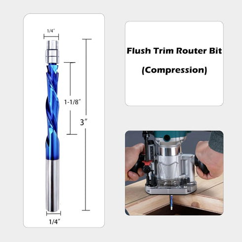 1/4" 1-1/8" 3",Carbide Compression Spiral Flush Trim Router Bit with Double Ball Bearing, Shank Cutting Length Extra
