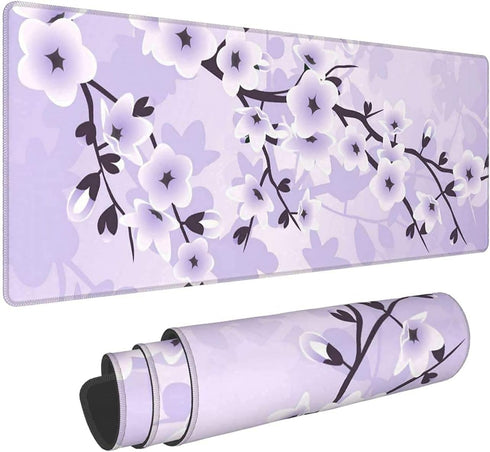 Floral Cherry Blossoms Gaming Mouse Pad, XL Extended Large Mouse Mat with Stitched Edges, Non-Slip Rubber Base 31.5 X