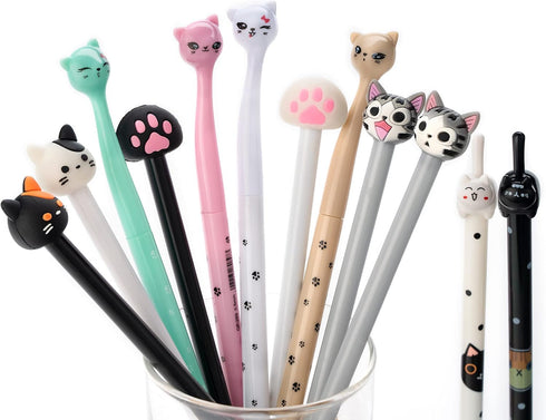 Cute Cat Gel Pens Set, Fun Kawaii Animal Black Ink Pens for Kids, Office, School Supplies, 12 Styles