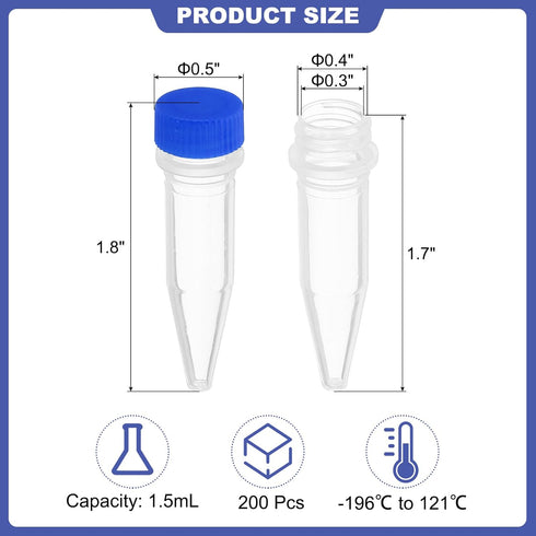 PATIKIL 1.5ml Plastic Cryogenic, 200Pcs Cryogenic Vial Screw Top Frozen Test Tube for Lab Laboratory Science, Blue Cap