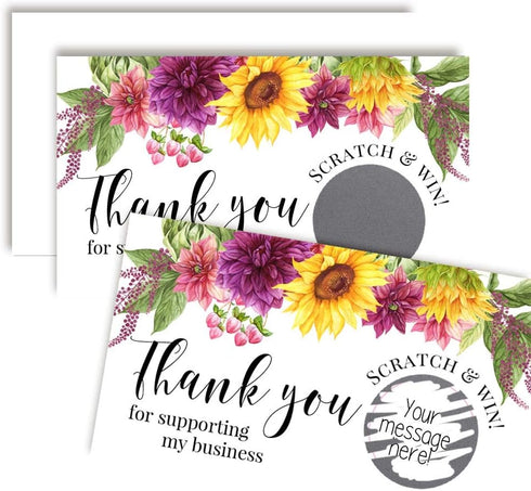 Sunflowers & Dahlias Floral Scratch & Win Package Inserts, 20 Single Sided Insert Cards for Small Businesses