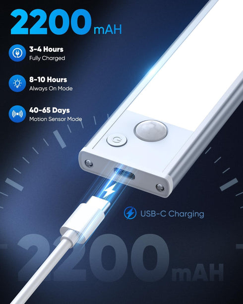 10 Inch 2200mAh Closet 6500K Dimmable Counter 3 Packs Under Cabinet Lighting, LED Battery Operated Rechargeable Motion