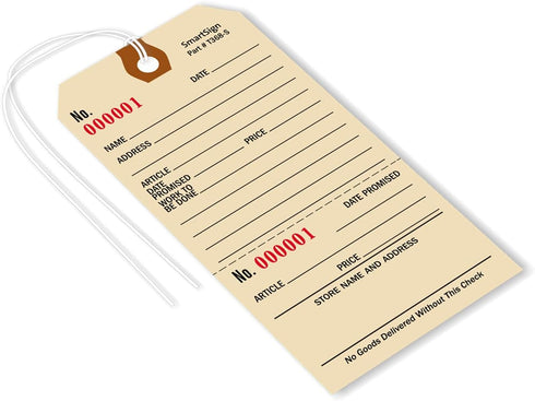 SmartSign 5.25 x 2.625 inch Numbered Repair Tags (Pack of 100) with Pre-Attached String, 10 Point Manila Cardstock