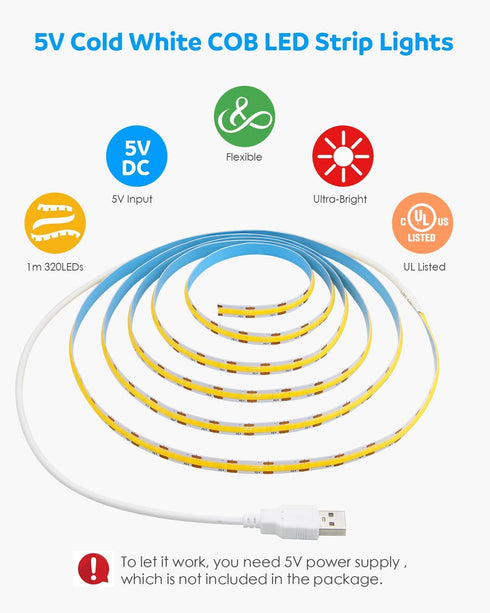 5V 6000K 3.28FT 320Leds 1M Aclorol USB Led Light Strip COB Led Strip Lights Daylight Cold White Flexible TV Led Lights