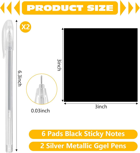 Black Sticky Notes, 3"x3" Post It Notes with 2 Metallic Pens, 6 Pads, Self-Stick Notes Pads Sticky Notes Bulk for School Home Hospital Office Supplies by Emazerom