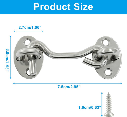 Unlorspy 2 Sets (7.5cm/3 Inch) Hook and Eye Latch Stainless Steel Cabin Hook Eye Latch with Mounting Screws for Gate