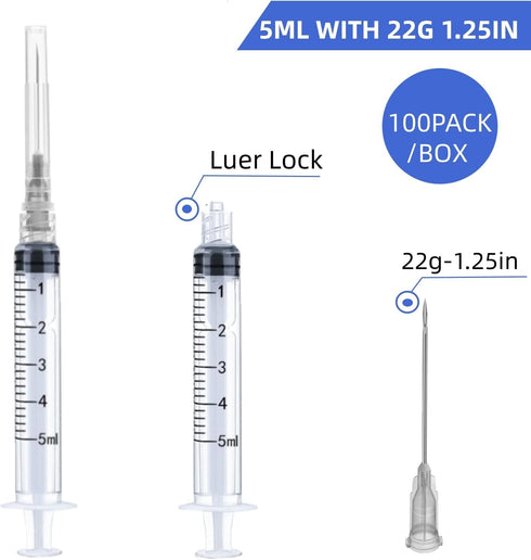 100 Pack Disposable 5ml/cc Lab Syringes with 22Ga 1.25 Inch Needle, Individually Sealed