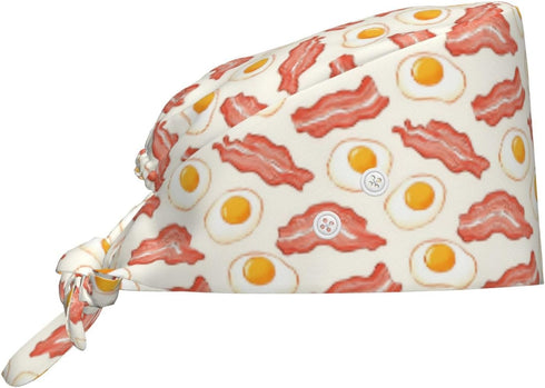 Nurse Scrub Cap Men Women with Buttons - Cartoon Bacon Egg Print