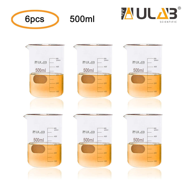 ULAB Scientific Glass Beakers, 500ml, 3.3 Borosilicate Griffin Low Form with Printed Graduation, Pack of 6 UBG1038