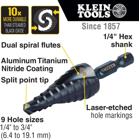 Klein Tools QRST03 Step Drill Bit, Quick Release Spiral Double-Fluted, 1/4 to 3/4-Inch, Hex Shank for Cutting Steel,