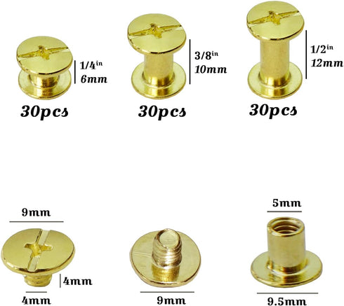 YMAISS Brass Plated Chicago Screws 90 Sets, 1/4, 3/8, 1/2in, Gold Binding Screw Posts for Bookbinding and Leather