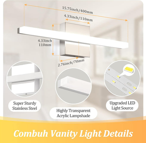 16Inch 9W IP44 4000K Combuh LED Bathroom Vanity Light Lamp Chrome Over Mirror Lighting Fixture Indoor Wall Sconce