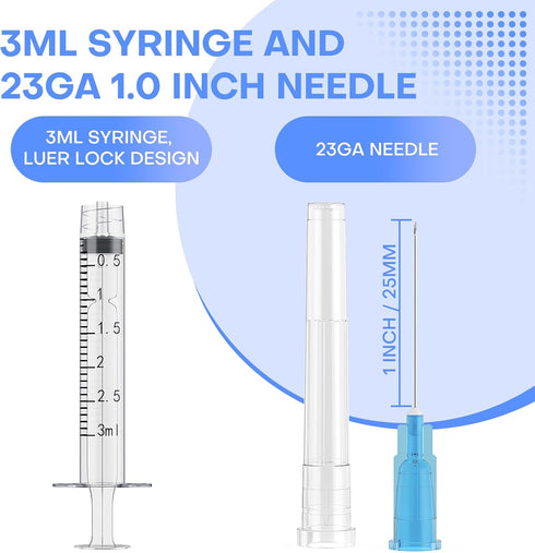 3ml Syringes with 23 Gauge 1 Inch Needles Luer Lock Disposable Industrial Accessories for Lab, Individually Packaged of 100
