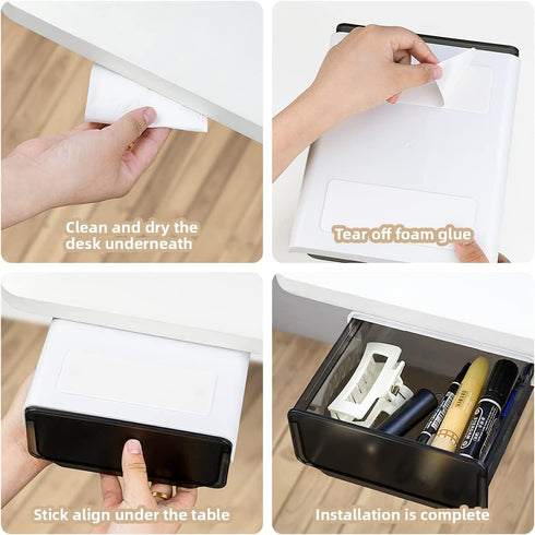 yuntop 1 Pcs Under Desk Drawer, Hidden Organizer, Plastic Self-adhesive Slide Out Storage Drawer for Office, Home