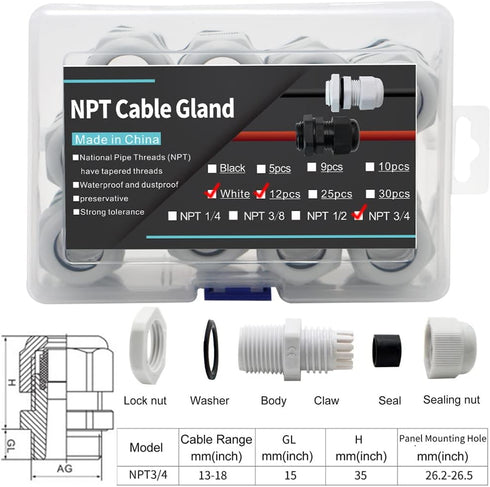 3/4"NPT Waterproof Cable Glands, Nylon PA66 Plastic, Adjustable Locknut for 13-18mm Cable Diameter (12pcs)