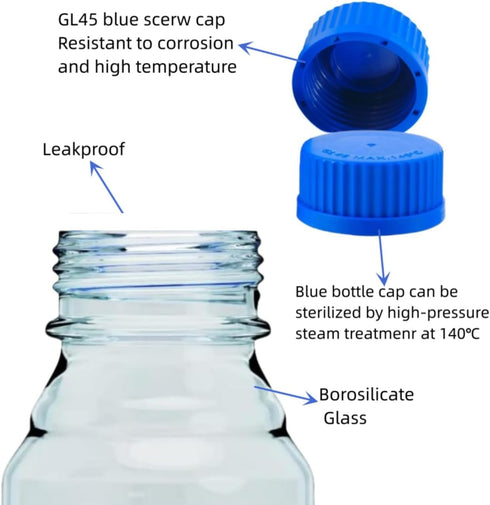 50ml Graduated Glass Round Media Storage Bottle with Blue GL45 Screw Cap, Lab Reagent Bottle