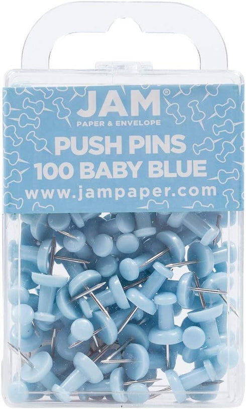 JAM PAPER Colorful Push Pins, Baby Blue Pushpins, 100/Pack