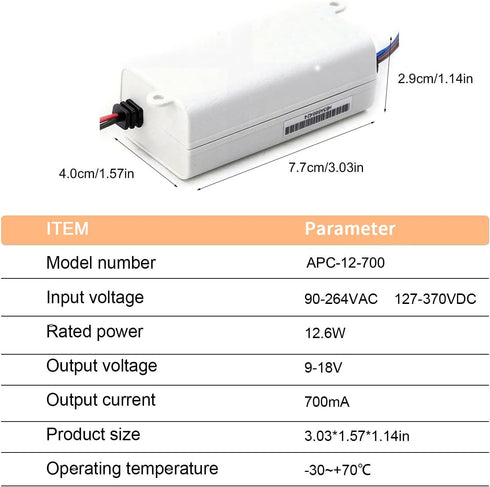DynMach APC-12-700 12.6W, 9-18V, 700mA, 90-264VAC/127-370VDC Compact LED Driver, Constant Current, - Ideal for Smart