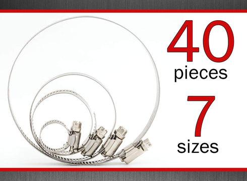 Hose Clamp Kit - 40 Piece 307 Stainless Steel Assortment, 6-38mm Adjustable Pipe Clamps for Automotive and Plumbing
