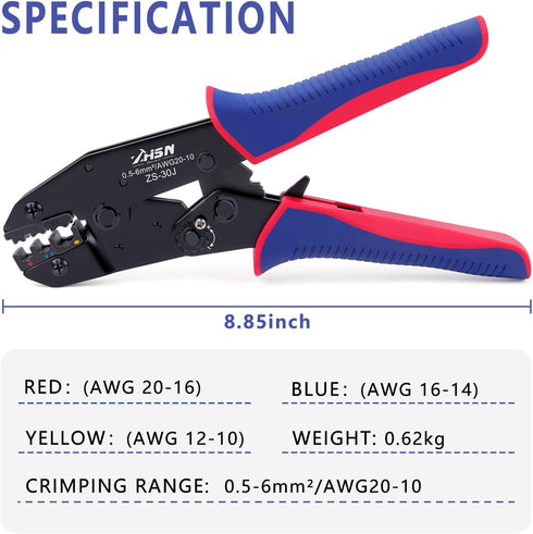 Zhushan Ratcheting Electrical Wire Crimper, 30J Crimping tool (AWG 20-10/0.5~6mm²) for Insulated Butt Bullet Spade Fork Ring Solderless Terminals, Ratchet Insulated Terminal Crimper