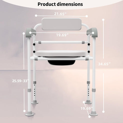 SeatYuPro Commode Adjustable Medical Bedside Chair with Padded Backrest, Drop Arm Support, Height Adjustable White