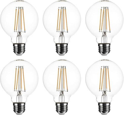 SD LUX G25 Vintage Globe Light Bulbs, 6 Pack, 8W Dimmable, 1000LM (100W Equivalent), E26 Base, 2700K Warm White