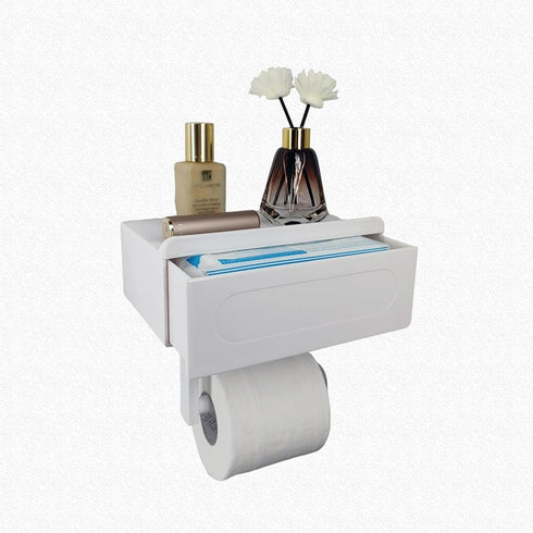 Generic Toilet Paper Holder with Built-in Storage Drawer | Glossy Plastic Bathroom Organizer | Dual-Mount