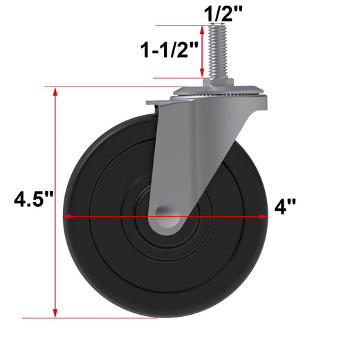 AAGUT 4 Inch Rubber Swivel Stem Caster, 1/2"-13x1.5 Threaded Stem, 4 Pack with Nuts