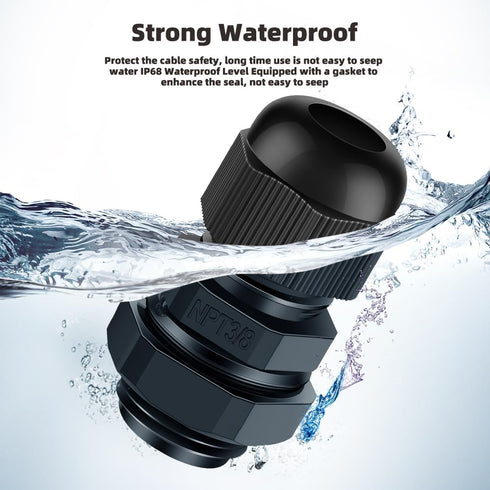 Cable Gland 12 Pack 3/8" NPT Waterproof Adjustable Connector Strain Relief Cord Connectors Joints Nylon with Gaskets