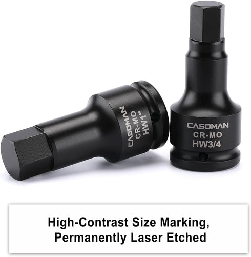 3/4 Inch Set, 5-Pieces, 3/4", 7/8", 1", 1-1/8", 1-1/4", 3/4" Set, CASOMAN Drive Impact Hex Driver SAE, Drive Master