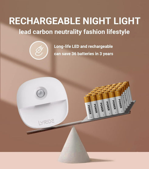 Dimmable 3 Pack Lyridz Rechargeable Battery Night Light with Motion Sensor, Amber Nightlights for Bathroom, Bedroom