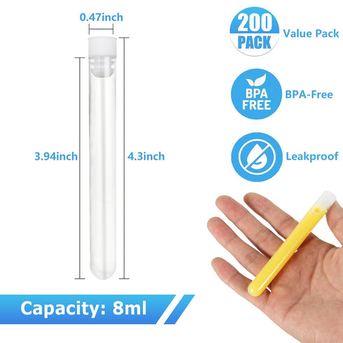 200 PCS Clear Plastic Test Tubes with Caps 12x100mm 8ml Test Tubes Good Sealing for Scientific Experiments, Birthday Party Supplies, Candy, Bath Salts, Beads