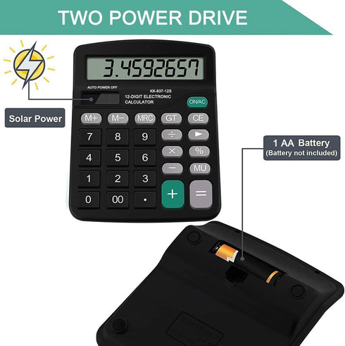Office Desk Calculator, Cute Dual Power Basic Calculator with Big Button Large Display for Kids and School (Black)
