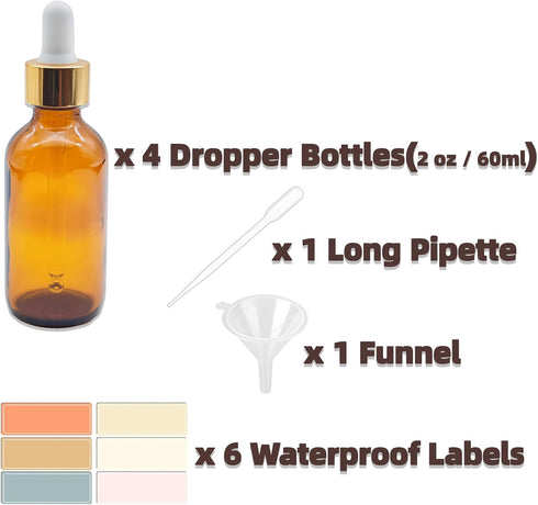 4 PACK 2 oz Dropper Bottle with 1 Funnel & 6 Labels & 1 Long Pipette, 60 ml Leak-proof Amber Glass Dropper Bottles for Essential Oils, Thick Tincture Bottle with Golden Top Cap by Zkupanx
