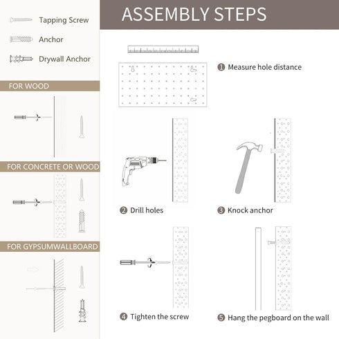 Wooden Pegboard, Sturdy Modular Grid Organizer for Walls, DIY Storage and Display Panels with Shelves and Brass Hooks