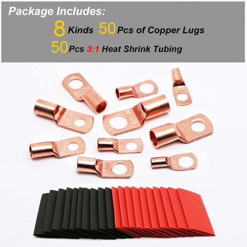 100Pcs 6 8 10 12 Set, 50Pcs 50Pcs TKDMR Copper Wire Lugs AWG with Heat Shrink Battery Cable Lugs Battery Cable Ends