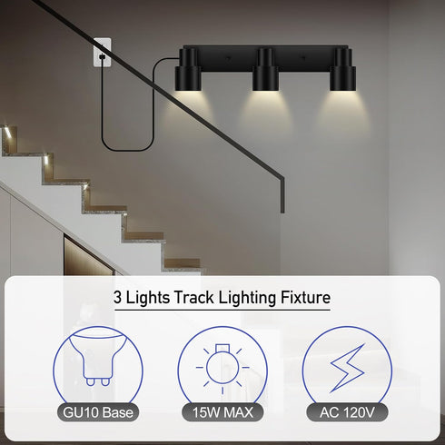 14.8ft 3 Hallway(GU10 Bulb) Plug-in Track Lighting LED, Track Light Fixtures Ceiling, Black Plug in Wall Lights