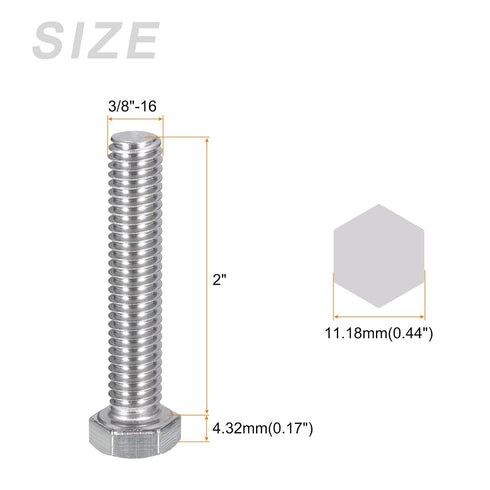 Hex Bolts 10Pcs (3/8-16x2") UNC Fully Threaded Silver Machine Screws, 304 Stainless Steel for Furniture Repair