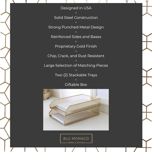 Gold File Organizer Office Inbox, Gold Paper Tray Set of 2 Stackable Letter Trays for Desk Organizer File Baskets