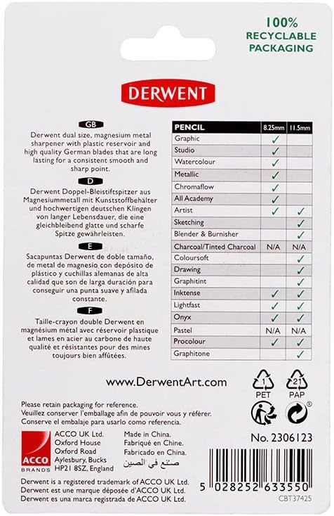 Derwent Twin Hole Pencil Sharpener, Black, 11.5mm & 8.25mm Sizes