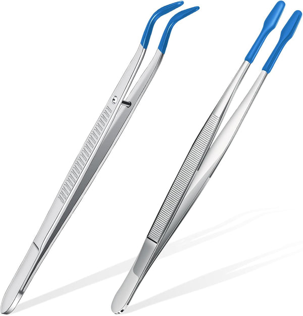 2 Pieces Tweezers with Rubber Tips Set, Bent and Straight Flat Tip for Jewelry and Crafts
