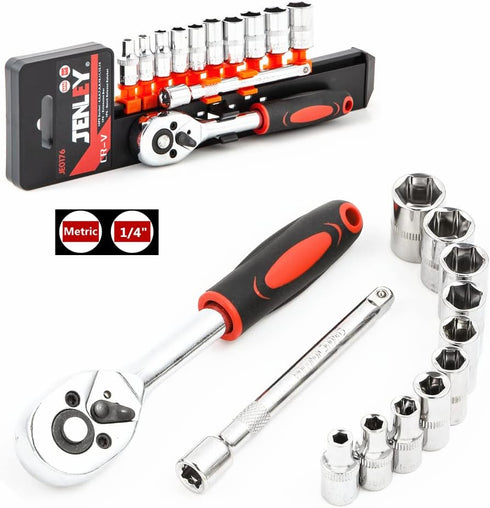 Ratchet Socket Wrench Set, 1/4 Inch Drive Mechanic Tool Kit with 12-Pieces Metric Sockets and Extension Bar