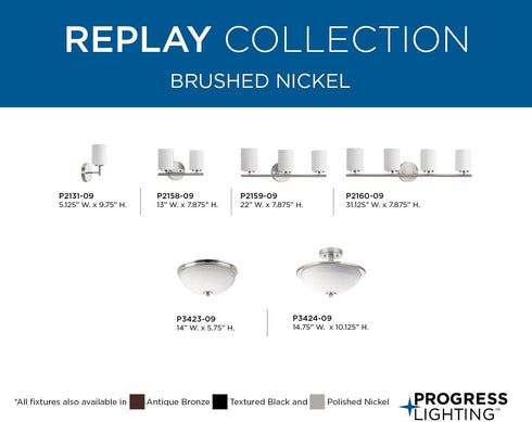 1-Light E26 Progress Lighting Replay Collection Etched White Glass Modern Bath Vanity Light Brushed Nickel