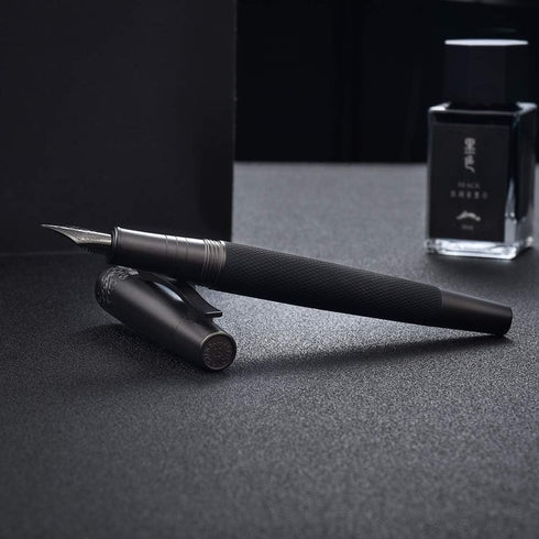Pure Black Solid Metal 6013 Fountain Pen, Fine Nib, Senior General Ink Converter Pen, Metal Box by Hongdian